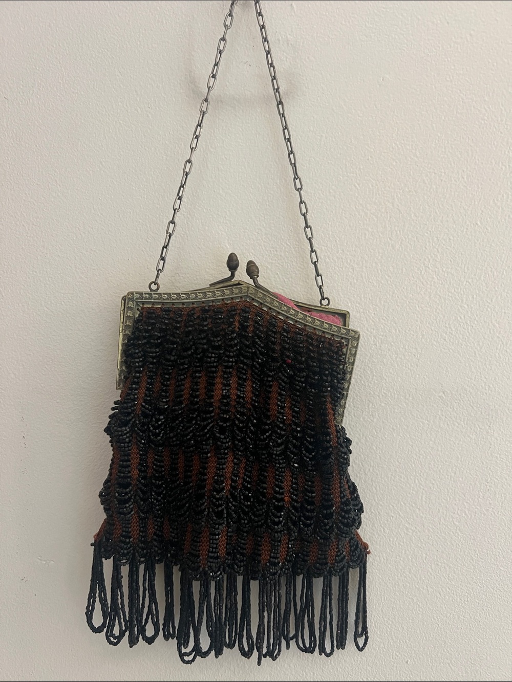 Vintage-Inspired Black and Brown Beaded Fringe Evening Bag